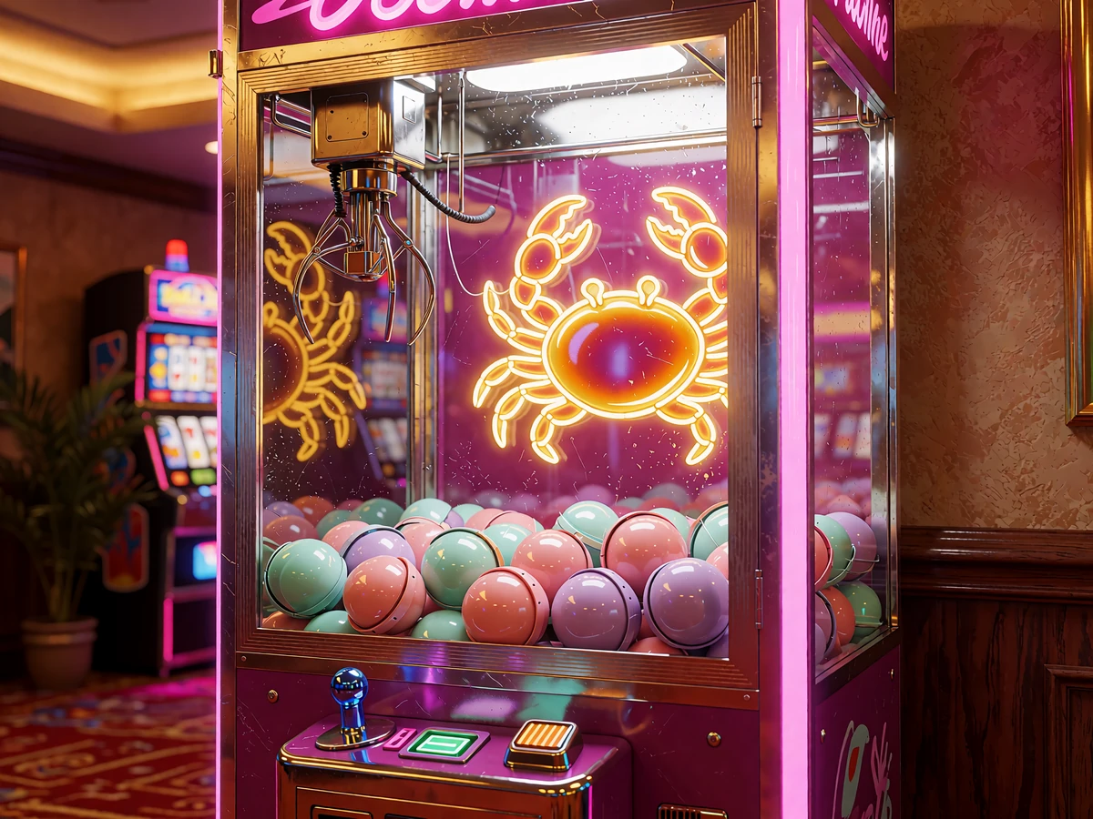 Automat z pazurem i neonowym krabem w kasynie OnlySpins - wizualizacja mechaniki bonusowej Bonus Crab
