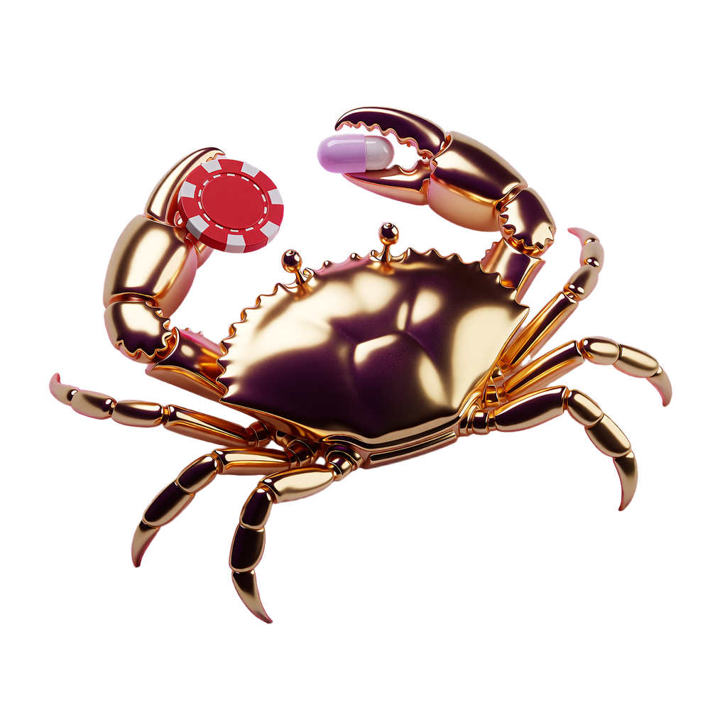 Złocony neonowy krab trzymający żeton i kapsułę bonusową - symbol mechaniki Bonus Crab w OnlySpins